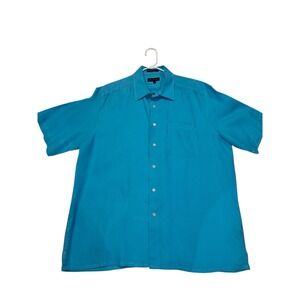 Alan Flusser Mens XL Teal Blue Linen Short Sleeve Button Down Shirt W/Pocket